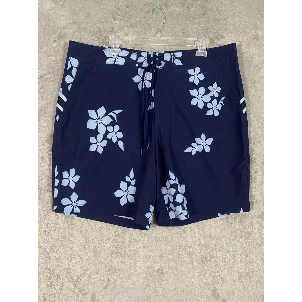 Lands' End Board Shorts Mens 40 Navy Blue Floral‎ Tropical Swim Trunks Stretch